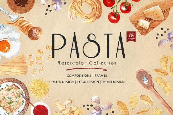 Pasta Recipe and Dishes Watercolor Illustrations for Creative Sellers