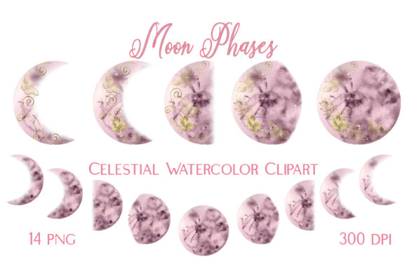 Reviewing Moon Phases Celestial Watercolor Clipart