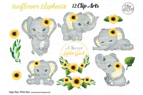 Sunflower Elephant Girl Watercolor Illustrations