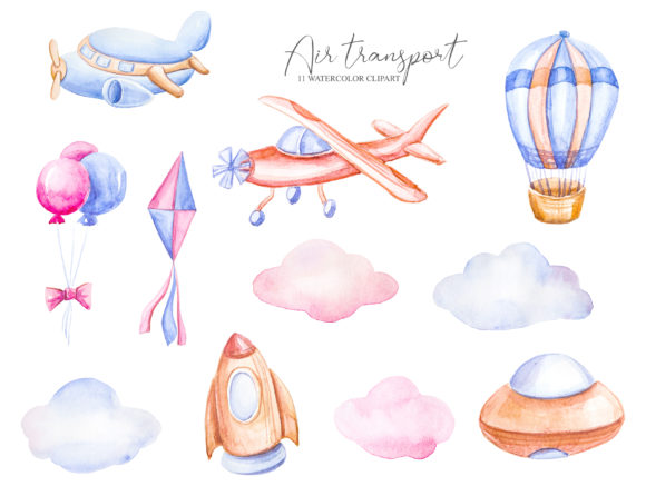 Watercolor Air Transport Clipart Set & Illustrations