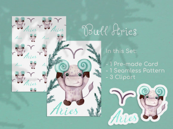 Watercolor Aries Zodiac Bull Clipart for Etsy & Print-on-Demand Sellers
