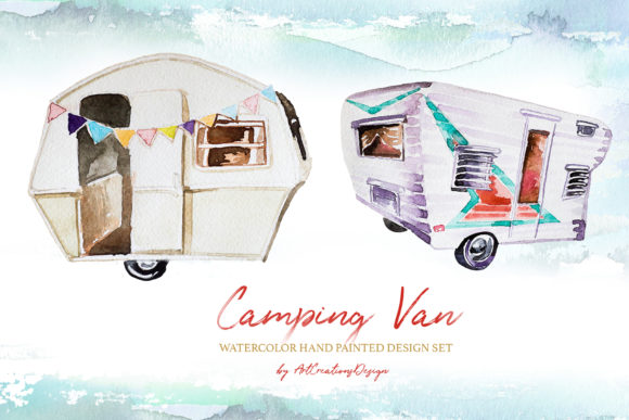 Watercolor Camping Van Illustrations for Digital Product Sellers