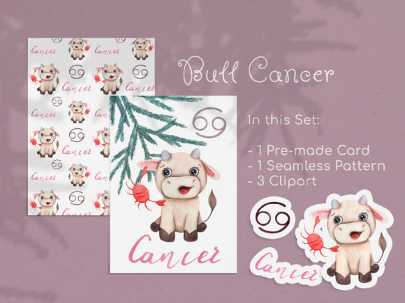 Watercolor Cancer Zodiac Bull Clipart for Handmade Crafting