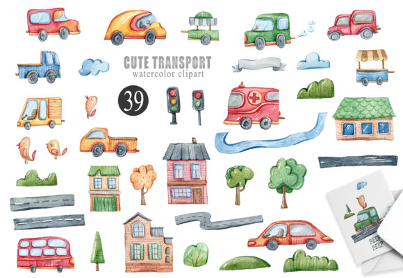 Watercolor Funny Cars Clipart: 39 PNG Illustrations for Playful Blog Design