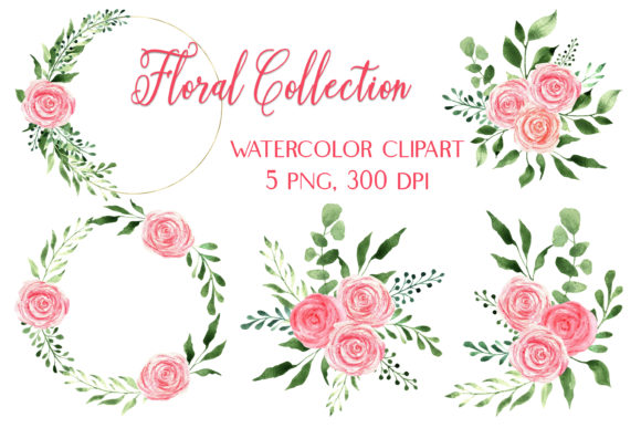 Watercolor Pink Roses Bouquets Wreaths Illustrations for Real Crafting Magic