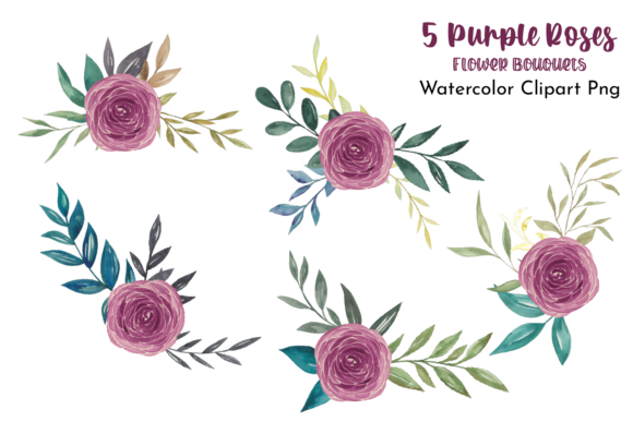 Watercolor Purple Roses Flower Bouquets Illustrations for Real Crafting