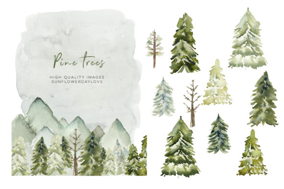 Winter Pine Trees Clipart, Watercolor